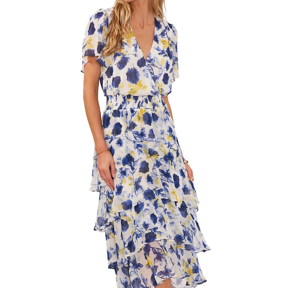 Floral Blue and Yellow Women's Dress - Picture 3 of 6